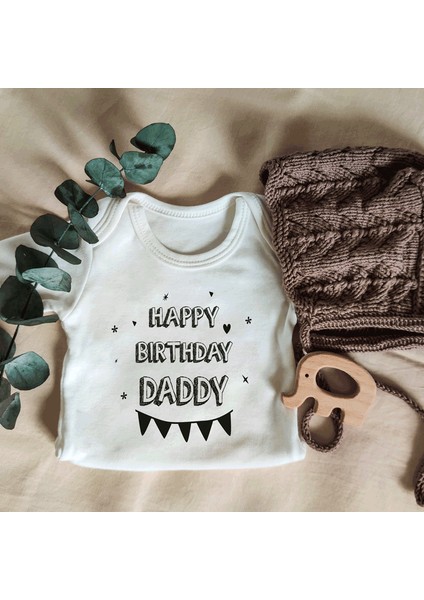 Unisex Happy Birthday Dady Kısa Kol Organik Bebek Body Zıbın