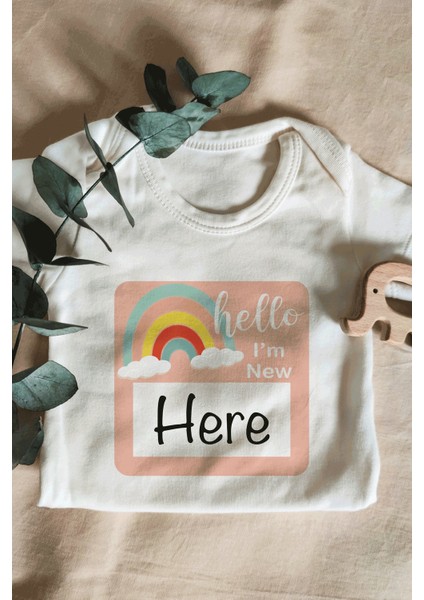 Unisex Hello I'm New Here Pembe Yazılı Kısa Kol Organik Bebek Body Zıbın