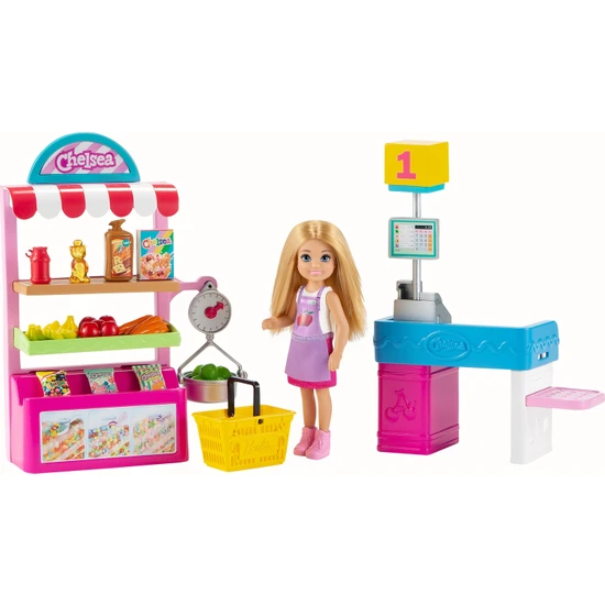 Barbie Chelsea Meslekleri Öğreniyor Market Çalışanı Chelsea ve Oyun Seti, Sarı Saçlı Chelsea Bebek (15,24 cm) ile 15'ten Fazla Oyun Parçası GTN67