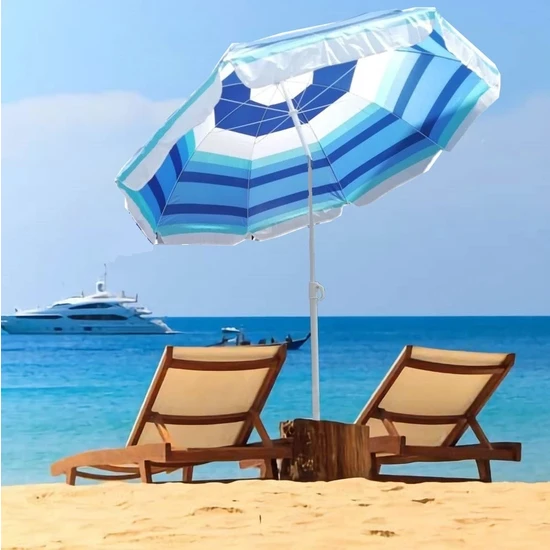 Depolife Plaj Şemsiyesi Eğilebilir Deniz Bahçe Balkon Piknik Kamp Güneş Şemsiyesi Katlanır Mavi Beyaz