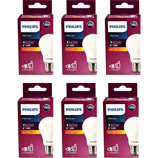 Philips Mycare LED Lamba 8W - 60W E27 2700K Sarı Işık (6 Lı Paket)