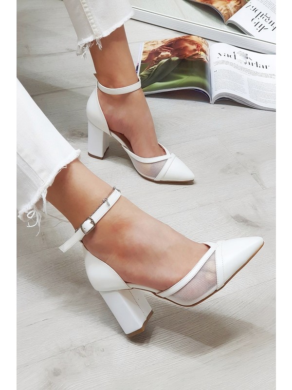 Erkan Saçmacı Beyaz Parçalı Fileli Kalın Topuklu Kadın Ayakkabısı