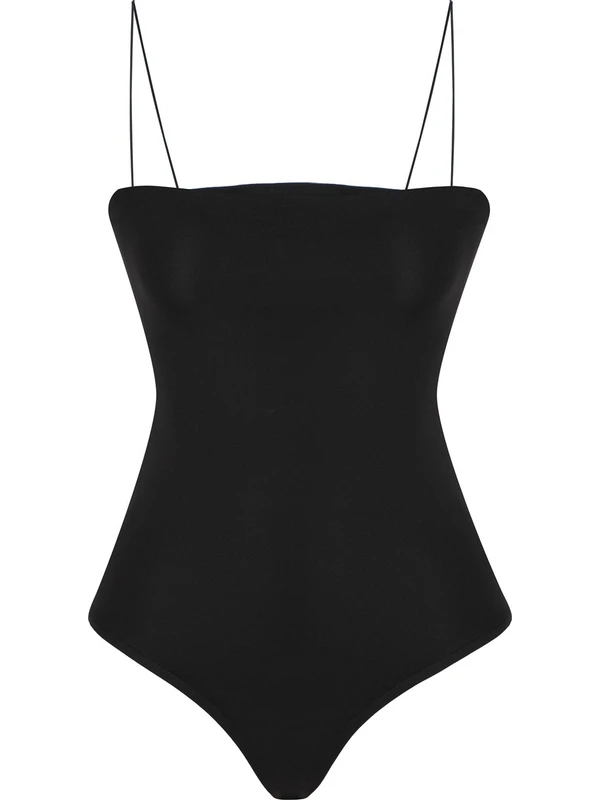 Quzu Ince Askılı Bodysuit Siyah