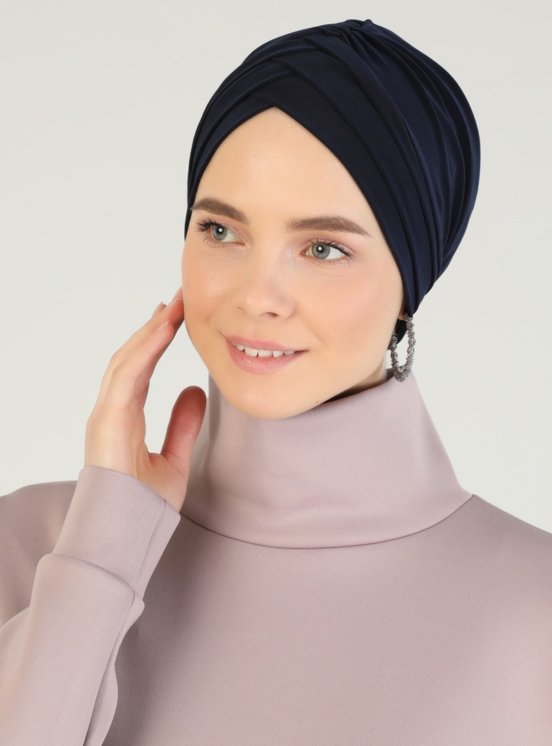 Mervin Şal Lacivert Çapraz Üç Bantlı Hazır Türban %100 Polyester Şık Tasarım
