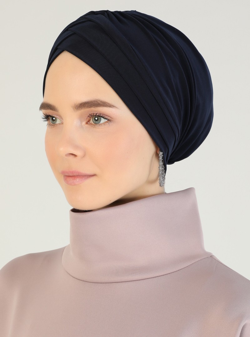 Mervin Şal Lacivert Çapraz Üç Bantlı Hazır Türban %100 Polyester Şık Tasarım görsel 2