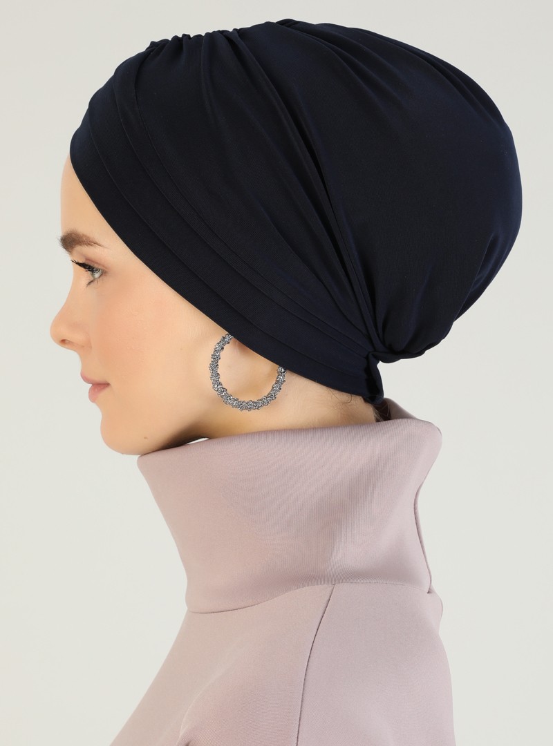 Mervin Şal Lacivert Çapraz Üç Bantlı Hazır Türban %100 Polyester Şık Tasarım görsel 3