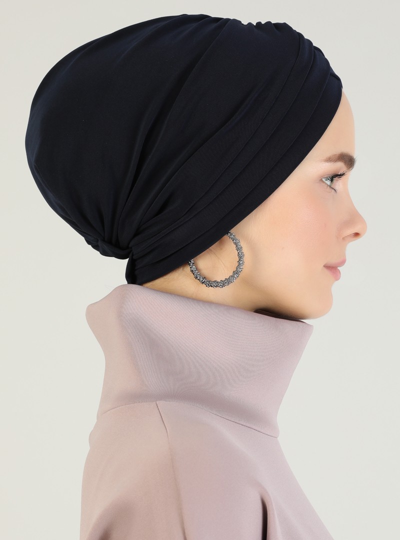 Mervin Şal Lacivert Çapraz Üç Bantlı Hazır Türban %100 Polyester Şık Tasarım görsel 5