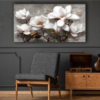 Hobimania Kanvas Tablo Beyaz Çiçekler Soft 70X100 cm Duvar Dekorasyon Tablo Moda