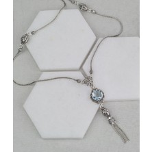 Filigran Silver 925 Ayar Gümüş El Tasarımı Telkari Sanatı Doğal Sky Blue Topaz Taşlı Püsküllü Kadın Kolye