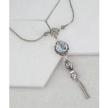 Filigran Silver 925 Ayar Gümüş El Tasarımı Telkari Sanatı Doğal Sky Blue Topaz Taşlı Püsküllü Kadın Kolye