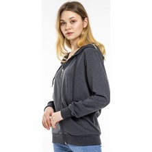 Exenbutik Kadın Antrasit Fermuarlı, Kapşonlu Sweatshirt