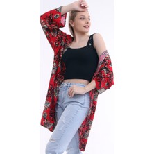 Dnz Bayan Kırmızı-Siyah Desenli Uzun Kimono