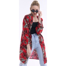 Dnz Bayan Kırmızı-Siyah Desenli Uzun Kimono