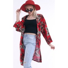 Dnz Bayan Kırmızı-Siyah Desenli Uzun Kimono