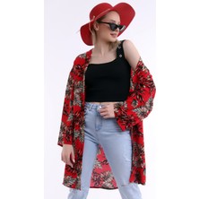 Dnz Bayan Kırmızı-Siyah Desenli Uzun Kimono