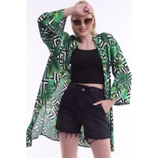 Dnz Bayan Yeşil Yaprak Desenli Uzun Kimono