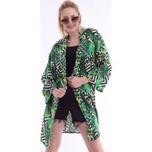 Dnz Bayan Yeşil Yaprak Desenli Uzun Kimono
