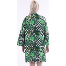 Dnz Bayan Yeşil Yaprak Desenli Uzun Kimono