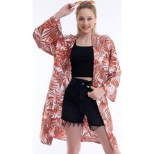 Dnz Bayan Kızıl Kahve Desenli Uzun Kimono