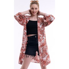 Dnz Bayan Kızıl Kahve Desenli Uzun Kimono