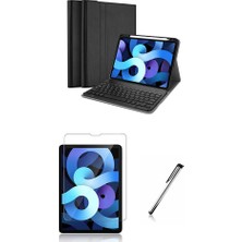Moserini Apple iPad Air 4. Nesil 10.9" Klavyeli Smart Tablet Kılıfı Mıknatıslı Kalemlikli - Siyah + Cam Ekran Koruyucu + Kalem Set