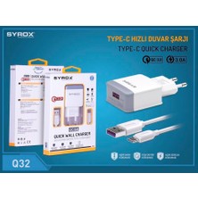 Syrox 3.0A Hızlı Şarj Aleti Cihazı Adaptörü Syrox Q32 Type-C Girişli (Adaptör+Kablo)  Beyaz