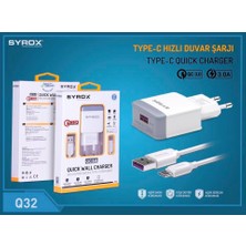 Syrox Oppo Reno2 Z Uyumlu Type-C Girişli Hızlı Şarj Cihazı Seti Adaptör+Kablo Q32 3.0A  Beyaz