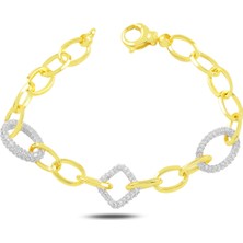 Barış Takı 925 Ayar Gümüş Gold Oval Kare Beyaz Taşlı Hallow Bileklik