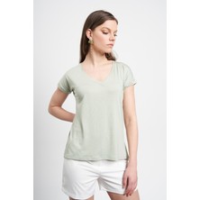 Tenda Moda Tena Moda Kadın Çağla V Yaka Geniş Salaş Tişört