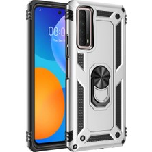 Nevarium Huawei P Smart 2021 Kılıf Tank Yüzüklü Silikon Kapak - Gümüş