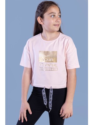 Toontoy Kids Toontoy Kız Çocuk Crop Model Kordon Detaylı Varak Baskılı Tişört