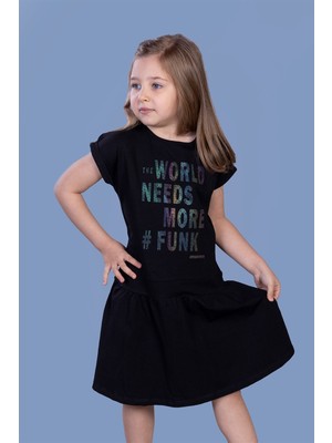Toontoy Kids Toontoy Kız Çocuk Renkli Yazı Baskılı Büzgü Detaylı Elbise