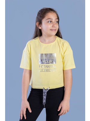Toontoy Kids Toontoy Kız Çocuk Crop Model Kordon Detaylı Varak Baskılı Tişört