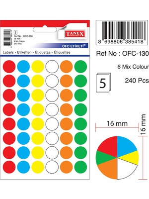 Tanex OFC-130 Çıkartma Etiket 16 mm Çaplı Karışık Renkli 240'LI Paket