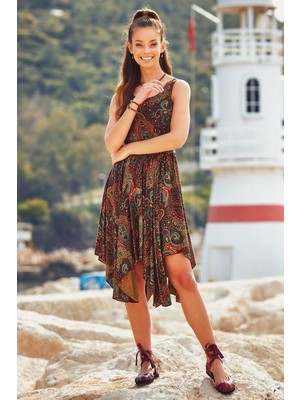 Los Banditos Bohem Tarz Kayık Yaka Asimetrik Elbise