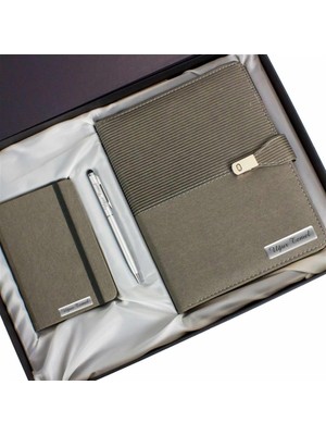 Hediye Rengi Isme Özel organizerli Tarihsiz Ajanda Not Defteri ve Kalem Seti Kutulu gri 