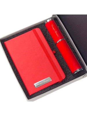 Hediye Rengi Isme Özel Kırmızı Defter ve Silindir Kutulu Tükenmez Kalem Seti
