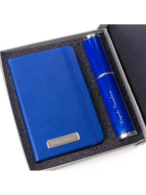 Hediye Rengi Isme Özel Mavi Cep Defteri ve Kutulu Kalem Seti Tasarım Kutulu