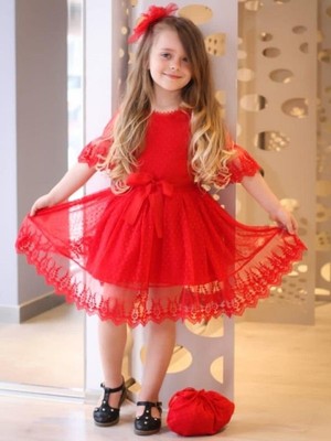 Riccotarz Kız Çocuk Prenses Güpürlü Çantalı Kırmızı Elbise