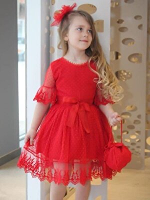 Riccotarz Kız Çocuk Prenses Güpürlü Çantalı Kırmızı Elbise