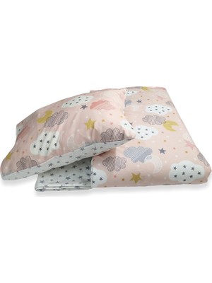 Pamuklu Bebek/çocuk Yastık Çarşaf Yorgan Somon Ay Bulut/ Gri Yıldızlı