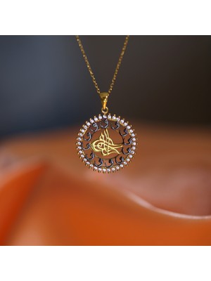 Beyaz Taşlı Vav Harfli Osmanlı Tuğralı Gümüş Kolye