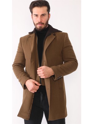 Dewberry Kadın Midi Palto Yün Malzemeden Düz Desenli Camel Renk Şık Tasarım