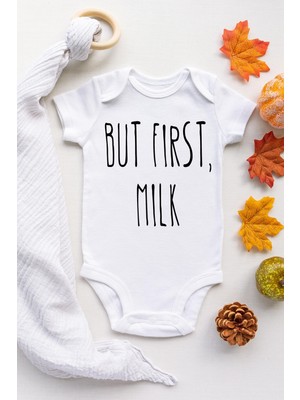 Limon Unisex Bebek Beyaz But First Milk Önce Süt Çıtçıtlı Kısa Kol Body Zıbın