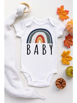 Limon Unisex Bebek Beyaz Gökkuşağı Boho Çıtçıtlı Kısa Kol Body Zıbın