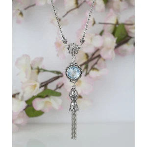 Filigran Silver 925 Ayar Gümüş El Tasarımı Telkari Sanatı Doğal Sky Blue Topaz Taşlı Püsküllü Kadın Kolye