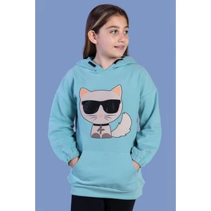 Toontoy Kids Toontoy Kız Çocuk Kedi Desenli Taş Işlemeli Kanguru Cepli Sweatshirt