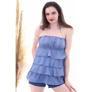 Cotton Mood 20053022 Straplez Nervürlü Eteği Kat Kat Fırfırlı Bluz Indıgo