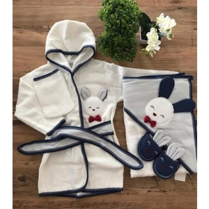 Erkek Bebek Lacivert Tavşanlı Havlu Bornoz Takımı Defne Sabunlu Set 0-2 Yaş