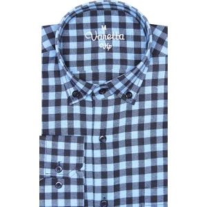 Erkek Mavi Uzun Kol Ekose Kareli Klasik Kesim Yaka Düğmeli Cepli Gömlek